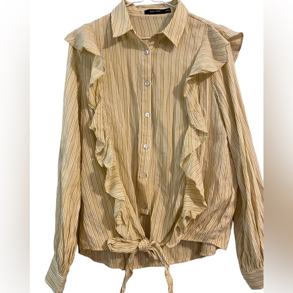 Doe & Rae Women's Ruffly Yellow/White Feminine Pin Striped Button Up w/Front Tie - Picture 6 of 6